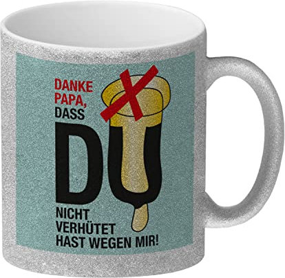 speecheese Danke Papa dass du nicht verhütet hast Glitzer-Kaffeebecher in türkis Kaffeetasse für Papa zum Vatertag mit versautem Witz für Väter zum Herrentag Kondom Spermium von Kindern Sohn