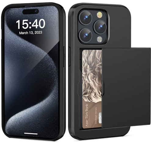 ACOCOBUY Coque pour iPhone 15 Pro Étui Portefeuille Fente pour Carte Crédit Cachée Coque avec Porte-Cartes Antichoc Housse Protection à Double Couche Étui Housse Arrière 6,1 Pouces pour Hommes Noir