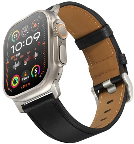 UUPWPOKT Correa de cuero compatible con Apple Watch Ultra 3/2/1 Band de 49 mm, 46 mm, 45 mm, 44 mm, 42 mm, correa de cuero genuino para iWatch Ultra Series 11 10 9 8 7 6 5 4 3 2 1 SE 3/2/1, negro