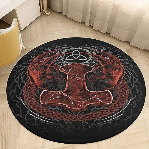 Wikinger-Teppiche, 3D-Druck, Nordischer Mythos, Mjolnir-Kunstdesign, Weiche, Rutschfeste, Waschbare Bodenmatte für Schlafzimmer, Wohnzimmer, Büro, Heimdekoration ( Color : Thor'S Hammer J , Size : 90c
