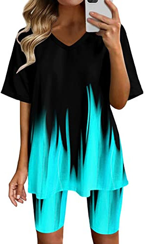 QWUVEDS Zweiteilige Outfits für Damen, Kurzarm-Oberteile, Kurze Hosen, Laufen, Yoga, Sport-Sets Elegante Zweiteiler Damen Hosenrock Hosen Damen Kurze Hosen Damen Sommer (Blue, XXL)