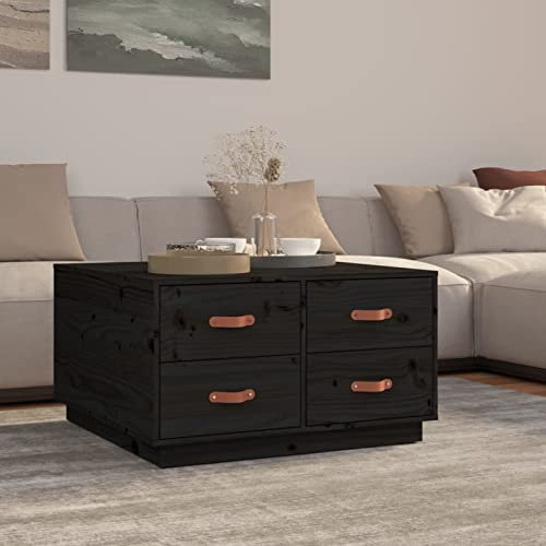 GuyAna Couchtisch Schwarz 80x80x45 cm Massivholz Kiefer Couchtisch Landhausstil Couchtisch Baumkante