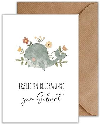 WBdesignz Karte zur Geburt mit Umschlag– Herzlichen Glückwunsch Babykarte mit Wal und Blumen – neutrale Glückwunschkarte für Mädchen oder Jungen – süßes Tiermotiv (DIN A6)