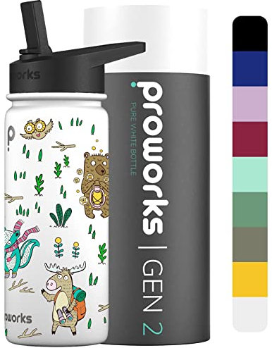 Proworks Gen 2 Insulated Water Bottles with Straw Lid | 1 Litre Stainless Steel Water Bottle, 24 Hours Cold & 12 Hours Hot, Metal Leakproof Flask for Work, Gym, Travel - Pure White - Camping Friends
