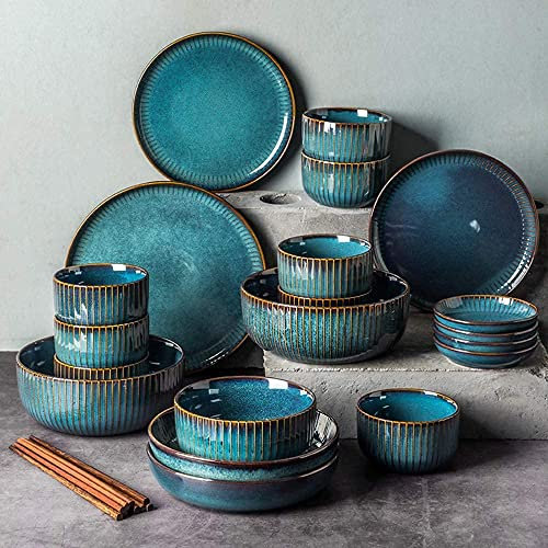 Starry Sky Serie, Geschirrsets Steingut Keramikgeschirr, Porzellanteller und Schüsselsets für 6 8 10, Luxusgeschirrsets aus Bone China - Geschirrsets, blau, 20 Stück (36 Stück)