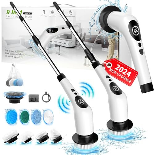 SZFIXEZ Limpiador giratorio eléctrico con 3 velocidades y pantalla LED, limpiador de ducha para limpieza, cepillo de limpieza inalámbrico con ajustable y desmontable, 9 cabezales de cepillo