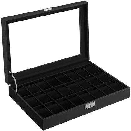 SONGMICS Uhrenbox, abschließbarer Uhrenkasten, Uhrenkoffer, Organizer für Uhren, mit 24 Fächern, Glasdeckel, Geschenk für die Liebsten, PU-Bezug in Tintenschwarz, Samtfutter in Tintenschwarz JWB024B02