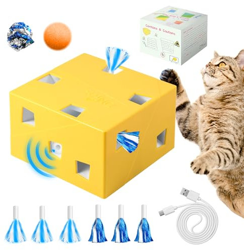 Migipaws Katzenspielzeug,Interaktives Elektrisches 12-Loch-Mäuse-MigiBox,Upgrade Intelligentes Spielzeug,3St Federn und 3St Bänder,Lustiges Karton Design,USB Wiederaufladbar