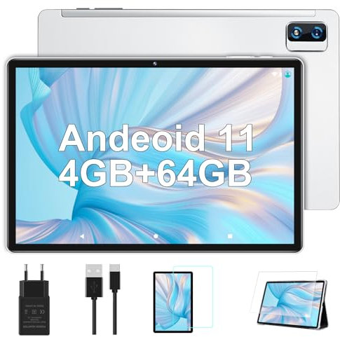 YESTEL Tablette 10 Pouces, Android Tablette Tactile FHD 1920 x 1200 4 Go RAM +64 Go ROM Extensible jusqu'à 1 to, 8000 mAh | 5 MP+13 MP Caméra | Bluetooth| Face ID | Étui de Protection, Glace Argent