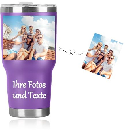 30oz Deckel Kaffeebecher to Go, Personalisierter Edelstahl Vakuum Isolierbecher Mit Fotos/Text, Tragbare Autobecher Becher,Thermobecher Kaffeetasse für Heißer und Kalter Getränke (Lila)