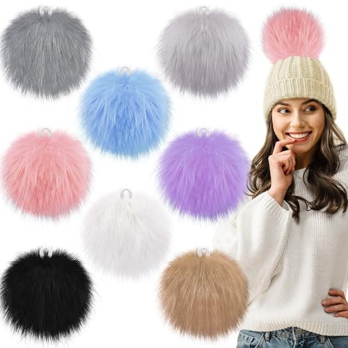 SIQUK 8 Stück Kunstfell Bommel für Mützen 15cm, Kunstfell Fellbommel Groß Pom Pom mit Elastischer Schlaufe Winter Fellbommel für Beanies Tasche Anhängern Dekoration