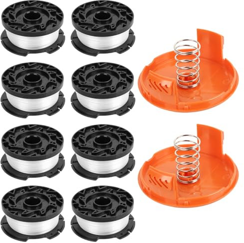 Rasentrimmer Spule Kompatibel mit Black Decker Rasentrimmer, 8 Stück Fadenspulen für Black & Decker Trimmer Spulen, Ø1,65mm Länge 9m Nylonfäden, Ersatzspulen mit 2 Spulenabdeckung und 2 Feder