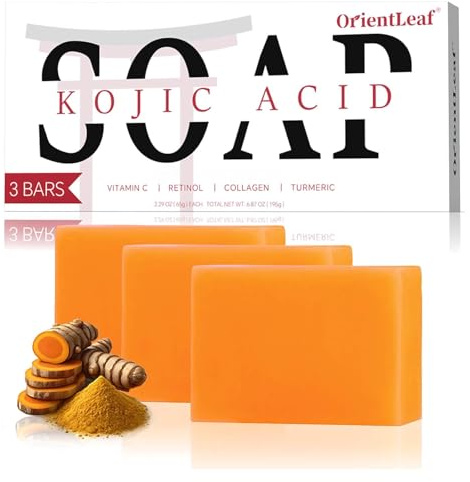 ORIENTLEAF Savon à l'acide kojique, barre de savon au curcuma pour les taches sombres, parfum frais de Citurs, doux pour le visage et le corps avec vitamine C, beurre de karité, rétinol, huile d'olive