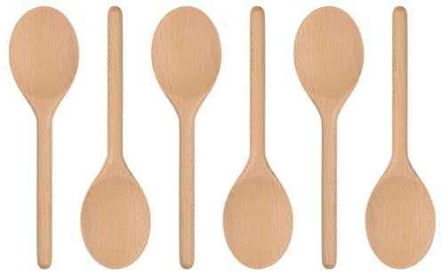 Argon Tableware Wooden Cooking Spoons - 20cm - Pack of 6 - Long Heat Resistant Non-Stick Kitchen Serving Mixing Spoon Utensils for Cooking, Baking, Stirring