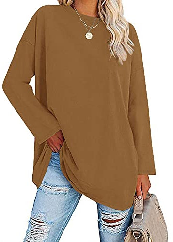 Famulily Oversized Long Sleeve Baseball Tshirt Women's Round Neck Simple Solid Color Tunic Tops Loose Fit (L, Dark Yellow)