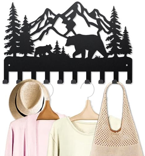 MAYJOYDIY Mountain Bear, gancio portachiavi in metallo con albero e animali, da parete, 40 x 25 cm, 10 ganci per animali selvatici, paesaggi naturali, ganci per chiavi per cappotti, cappelli,