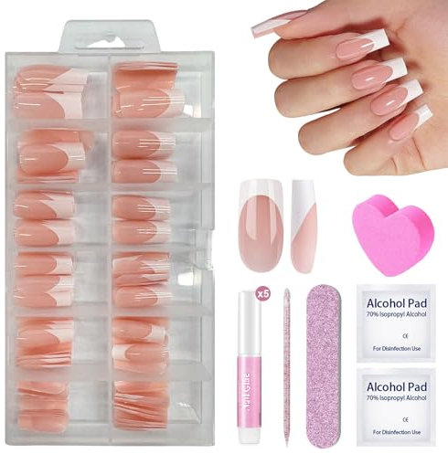 DMQ French Press on Nails, 120pcs Square False Nails, Medium Nude White Tip Kit, Full Cover Stick-on Nails for Women & Girls Manicure Decorations