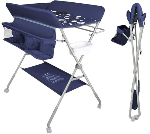 Table a Langer Pliante, Table à Langer Réglable en Hauteur avec Panier de Rangement, Ceinture de Sécurité et 4 Roues avec Frein,Motif nuage, 4 hauteurs réglables 95/97/99/101cm (bleu marine)