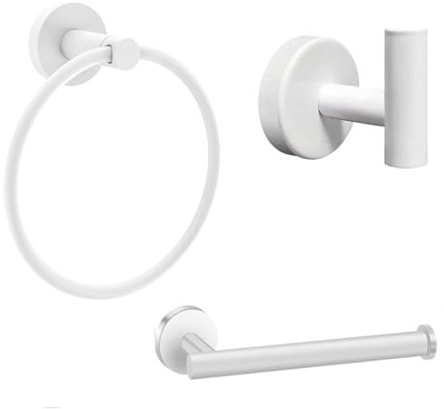 YUET Bathroom Hardware Accessories Set - SUS 304 Stainless Steel Brushed Wall Mounted Rack, Towel Ring Bar + Toilet Paper Roll Holder + Robe Hook, Bath Accessory Hooks (White)