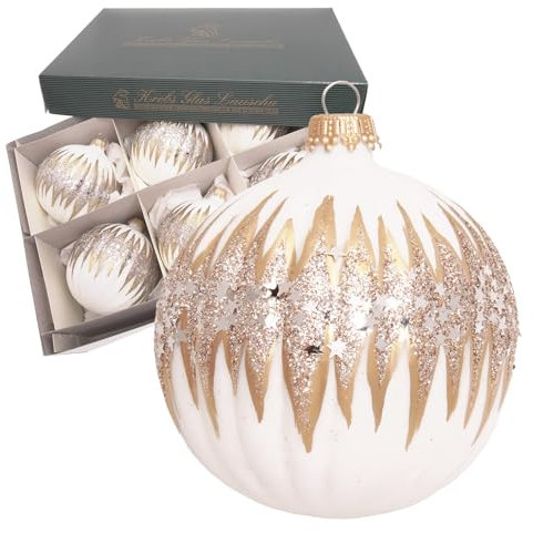 Krebs Glas Lauscha - Weihnachtsdekoration/Christbaumschmuck aus Glas - Riffelkugel - Farbe: Weiß/Gold Satin - Menge: 6 Stück - Größe: ca. 8 cm
