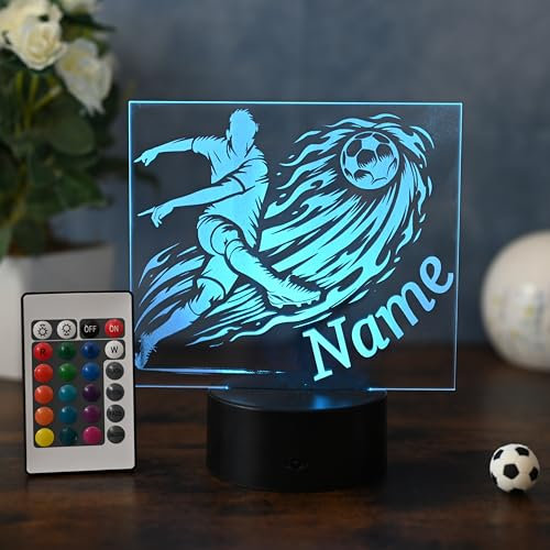 Optechvisual Personalisierte Fußball Lampe mit Name – LED Nachtlicht im Flammenschuss Design – Geschenk für Fußballer, Jugendliche & Erwachsene – Tischlampe für Fußballfans