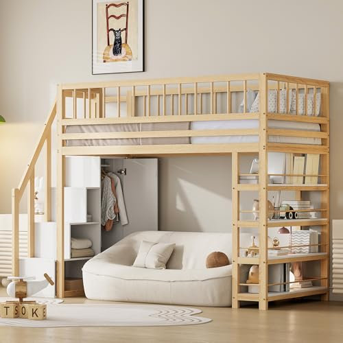 Dolamaní Hochbett 90x200 cm mit Ablage & Schrank & Treppe & Raufallschutzan Sicherheit, Bett mit Stauraum, Massiv Holzbett (Holzfarbe)