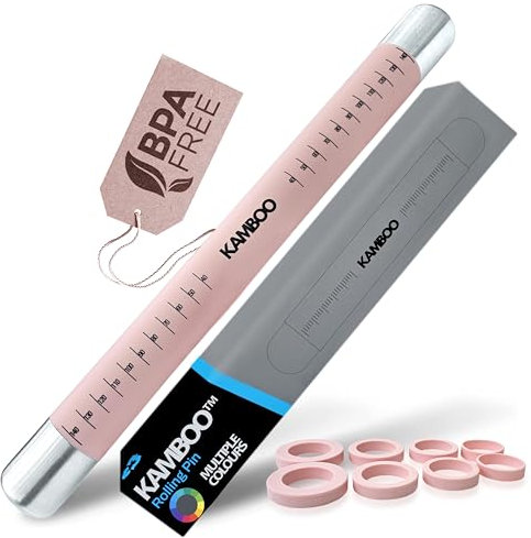 KAMBOO Adjustable Rolling Pin with 4 Thickness Rings – Non-Stick Stainless Steel Dough Roller for Perfect Baking – Easy to Clean, Dishwasher Safe – Ideal for Pastry, Cookies, Pizza (Pink)