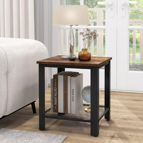 GIANTEX Quadratischer Beistelltisch mit 2 Etagen, 2 Tische mit großer Tischplatte und unterem Gitter, robustes Metallgestell, moderner Nachttisch für Wohnzimmer und Schlafzimmer