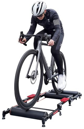 Plateforme de rouleau de vélo, support de rouleau de vélo, réglage en 5 étapes, rouleau en alliage d'aluminium, cadre pliable en acier, convient pour VTT et vélo de route avec empattements de roues de