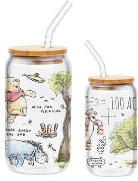 Silver Buffalo Disney Winnie The Pooh 100 Acre Wood Featuring Eeyore and Tigger Glass Jar Tumbler with Bamboo Lid and Glass Straw, 16 Ounces