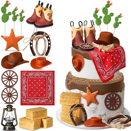 Threehoney 20 Pcs Cowboy Cake Decorations: 20 Cowboy & Western Themed Cake Toppers, Including Hats, Boots, Horseshoes & More for Western Theme Parties