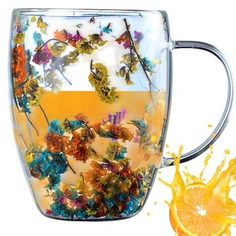 Getrocknete Blumen-Kaffeetasse, doppelwandige Glas-Kaffeetassen, ästhetische Trockenblumen-Tassen mit Griffen, doppelte Glas-Kaffeetasse, Glas-Teetasse für Cappuccino, Milch, heiße kalte Getränke