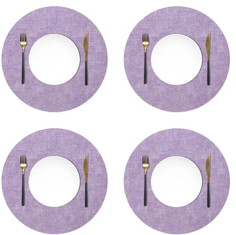 HSTWODE Tischsets Abwaschbar Leder und Untersetzer, Doppelseitigen Platzset Rund Ø 33cm 4er Set rutschfest Glasuntersetzer Platzdeckchen Leder Kunstleder Tischset (Lila)