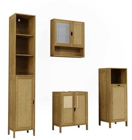 Vicco Badmöbel-Set Liora, Bambus/Rattan, 48 cm | besteht aus Waschbeckenunterschrank, Spiegelschrank, Hochschrank und Midischrank