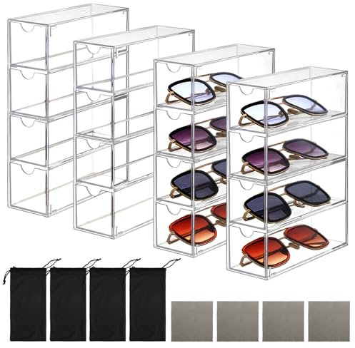 4 Porta Occhiali Multiplo in Acrilico, Trasparente 4 Cassetti Scatola Porta Oggetti per Occhiali con 4 Panni per la Pulizia Degli Occhiali e 4 Custodia Occhiali in Microfibra