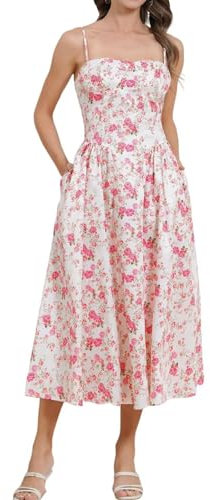 Shuanghao Chic et Elegant Femme d'été Robe à sans Manches Bretelles Spaghetti Corset Longue Taille Slim Fit Robes Casual A Line Swing Midi Sun Jupe Fête Plage Sexy Robe avec Poches Fleurs Rouges L