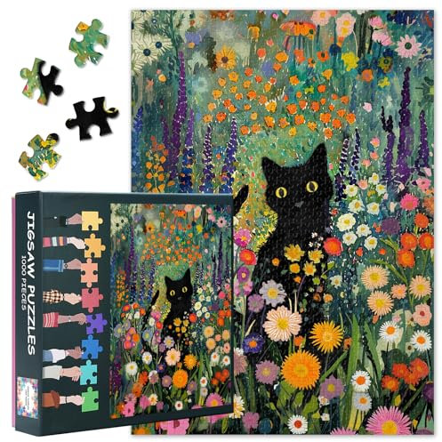 Puzzle 1000 Teile Erwachsene - Schwarze Katze & Blumen Thema Jigsaw Puzzle (27.5x19.7 Inch), Blühende Wildblume Herausfordernde Puzzles für Erwachsene, Familienspiel für Männer & Frauen