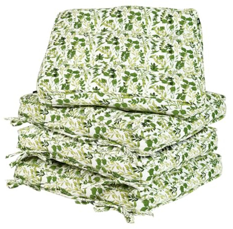 Dibor Tie On Garden Chair Cushions 100% Cotton Seat Pads Outdoor Alfresco Dining Chair Bistro Set Seat Cushions (Set of 4, Green Leaf)