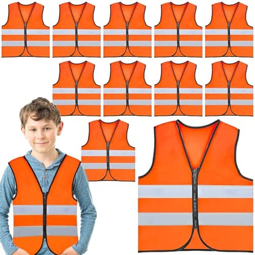 10 Pcs Kids High Vis Vest, Children’s Safety Vests with Reflective Strips | Orange High Visibility Jackets Bulk with Zipper for Aged 3-10 Toddler Boys Girls Cycling Running Preschool