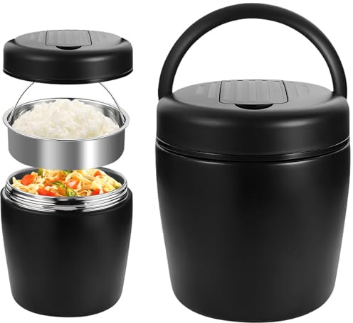 Contenitore termico per alimenti, 1500 ml, in acciaio inox, con coperchio e cucchiaio, contenitore termico a 6 strati, per picnic, scuole, uffici, nero