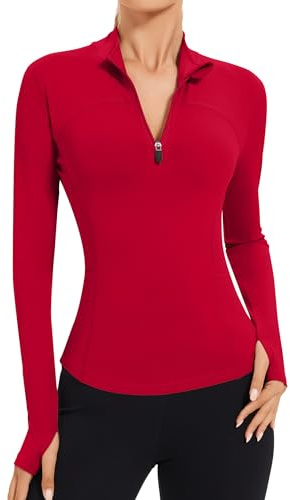 IECCP Womens Gym Red Tops Long Sleeve Sports T-Shirt Fitness Workout Yoga Crop Tops Ladies Running Tee Shirts 1/4 Zip Breathable Activewear Red M