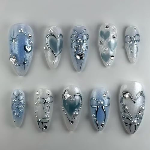 24Pcs Blue Press on Nails Medium Almond, Glitter French False Nails with 3D Rhinestone Pearl Star Design, Glossy Handmade Full Cover Fake Nail, Reusable Acrylic Stick on Nails for Women Girls