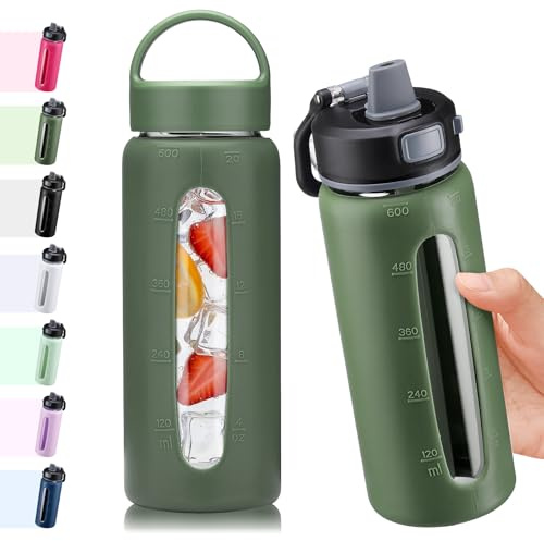 BLUEGO 600ml Bouteille d'eau verre avec 2 couvercles-Couvercle à verrouillage par simple pression et poignée Gourde réutilisable avec marquage du temps Pour voyages Maison Sport Sans BPA, Olive