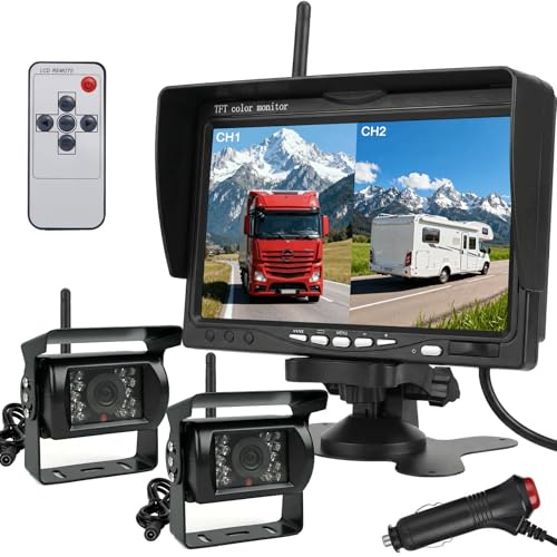 Truck RV 1080P Digital Wireless Dual Reversing Camera 7” Car Monitor System | 7 Split Screen HD Monitor, 18LEDS Night Vision Waterproof Rear View Backup Reverse Camera for Trailer/Motorhome/Van 12V-36V