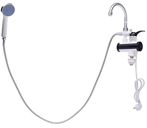 Elektrische Durchlauferhitzer, 3300W Elektrische Wasserhahn Mit Durchlauferhitzer Armatur Mischbatterie Mit LED, Handspray und Schlauch, Silikondichtungen, für Häuser Hotels, 14.6 x 10.6 x 26cm