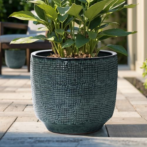 Hometopia Keramik Blumentopf groß rund mit Ablaufloch, Ø40cm Dunkelgrün | Keramik, Frostsicher&Wetterfest, Massiver Pflanzkübel mit Drainage-Loch für Balkon&Garten,Terrasse,Wohnzimmer Ø40xH34 cm