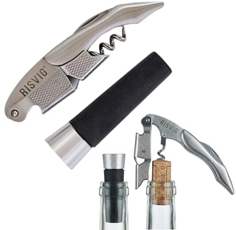 RISVIG Acutus Weinset – Profi Kellnermesser Korkenzieher & Vakuum-Weinstopfen – Hochwertiges Bar-Set aus Edelstahl für perfekten Weingenuss
