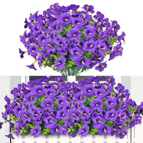 SHEPIN 8 Bündel Kunstblumen für Draußen, Künstliche Blumen Outdoor Wetterfest Balkonpflanzen Petunien Balkonblumen Seidenblumen Wie Echt Kunstpflanze für Balkon Außenbereich Blumenkasten Deko(Lila)
