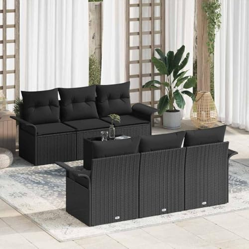 PHGTYUK Modulares Gartensofa-Set 7-teilig Schwarz Poly-Rattan mit Kissen und Glastisch für Terrasse Gartenmöbel Outdoor Relax