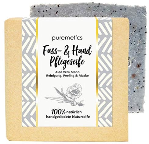 Puremetics Zero Waste peelende Fuß- & Handpflege-SeifeAloe Vera Mohn | 100% natürlich, vegan & plastikfrei | Handgesiedete Naturseife | Peeling Hand- und Fusspflege ohne Plastik